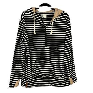 AMPERSAND AVE Black and White Striped Hoodie with Tan Trim